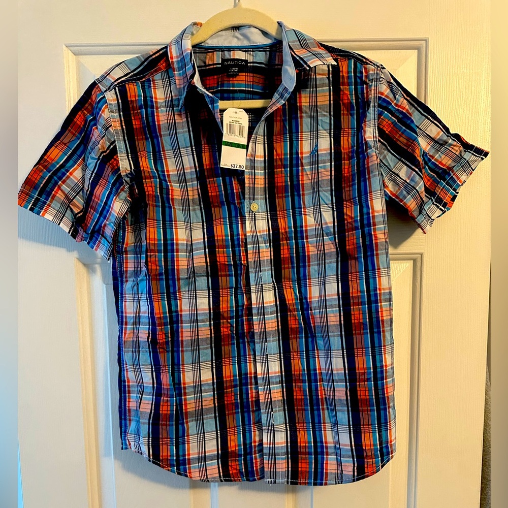 Nautica Boy’s Blue, Turquoise and Orange Plaid Shirt